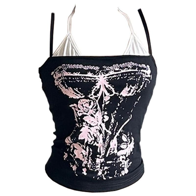 Halter body print patchwork backless cami top