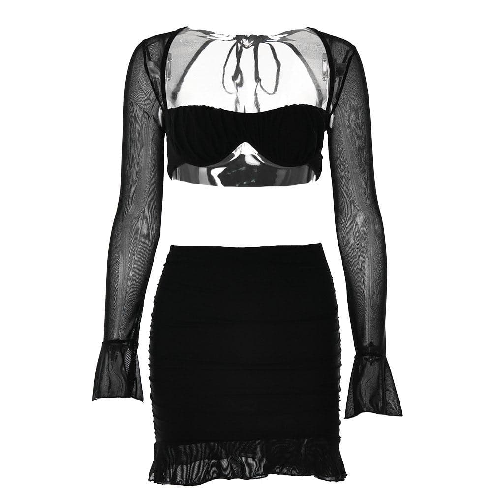 Mesh hollow out solid ruffle long sleeve ruched mini skirt set
