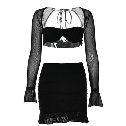 Mesh hollow out solid ruffle long sleeve ruched mini skirt set