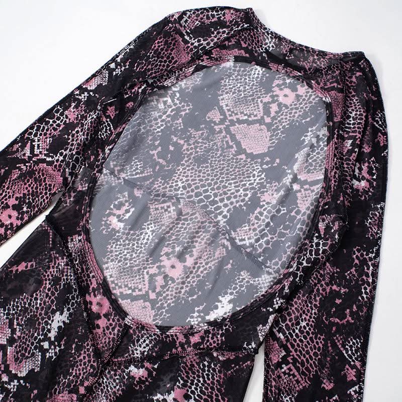 Long sleeve sheer mesh snakeskin print stitch romper