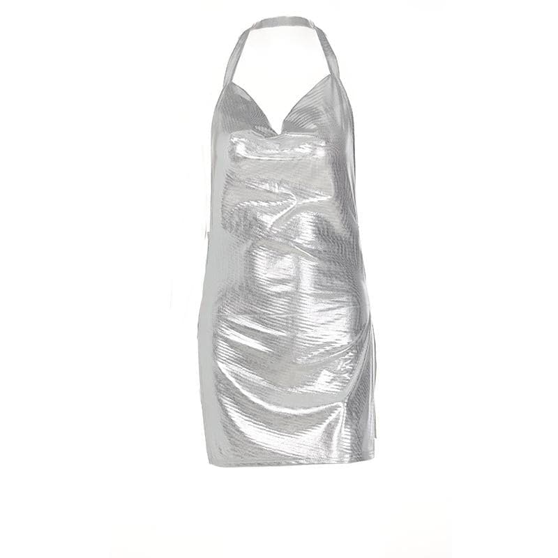 Halter cowl neck metallic high slit backless mini dress