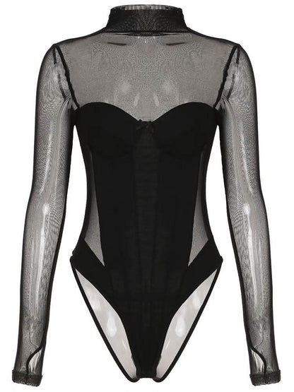 High neck long sleeve mesh bustier bowknot bodysuit