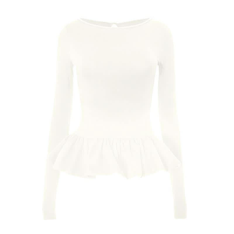 Ruched long sleeve round neck hollow out ruffle cut out top