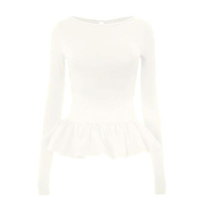 Ruched long sleeve round neck hollow out ruffle cut out top