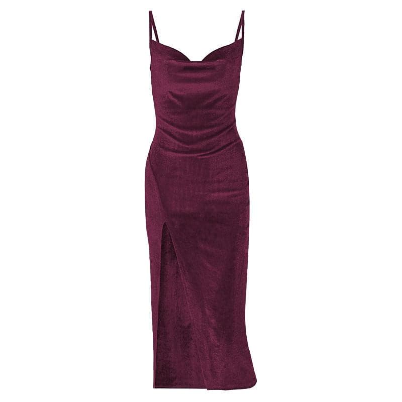 Spaghetti Strap Ruched Side Slit Velvet Bodycon Midi Dress