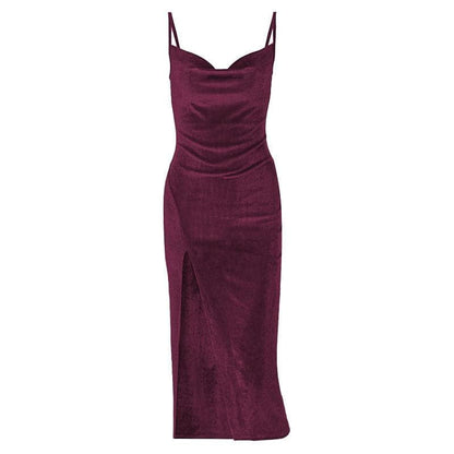 Spaghetti Strap Ruched Side Slit Velvet Bodycon Midi Dress