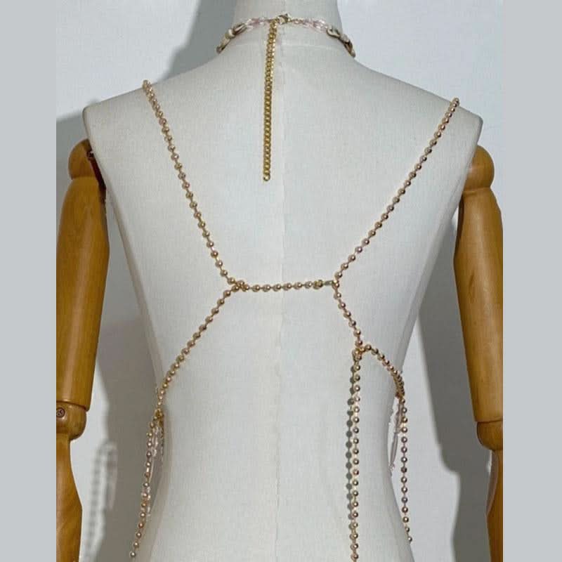 Beaded halter metal chain hollow out cami cut out top