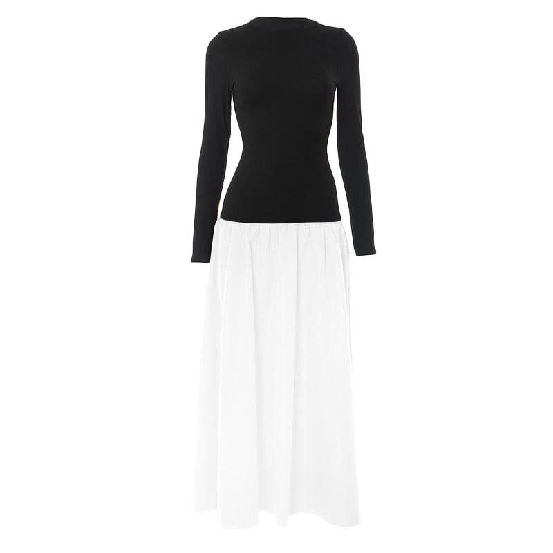 Long sleeve crewneck patchwork ruched maxi dress