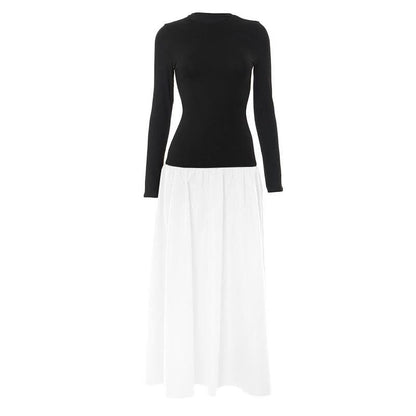 Long sleeve crewneck patchwork ruched maxi dress