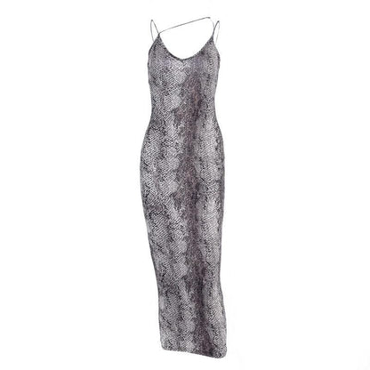 Leopard print contrast spaghetti strap u neck backless midi dress