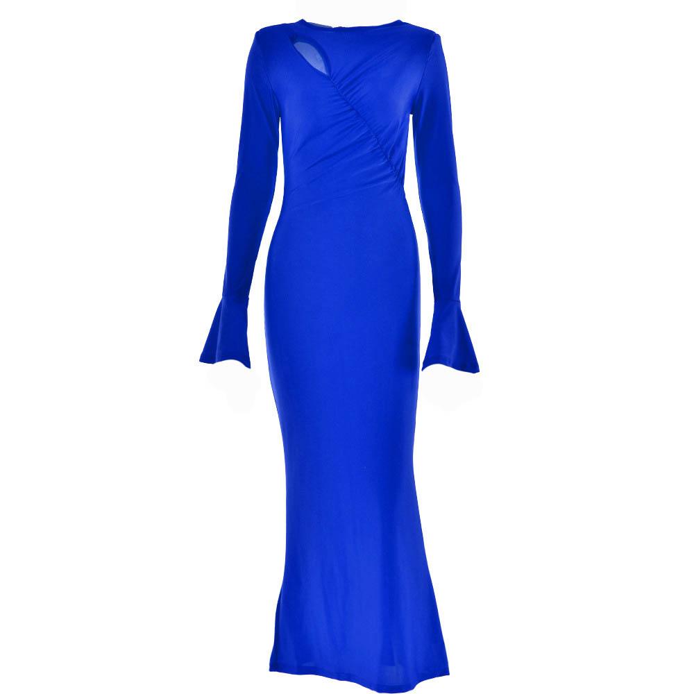Ruched solid hollow out irregular long sleeve cut out maxi dress