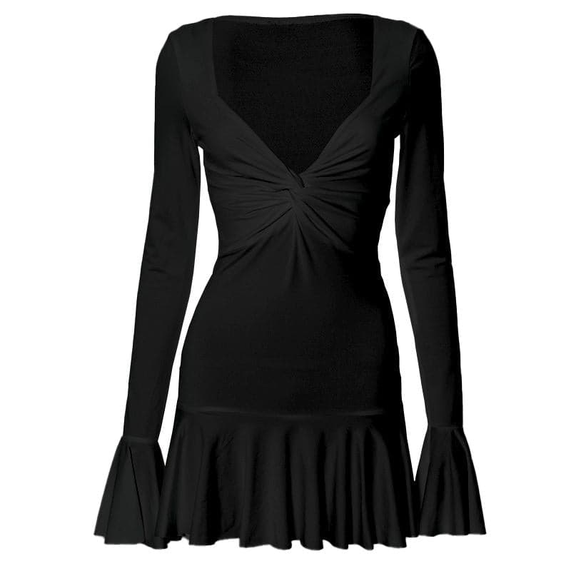 Long flared sleeve ruched v neck solid mini dress