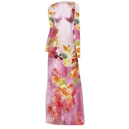 Long sleeve crewneck flower print contrast maxi dress-final-sale