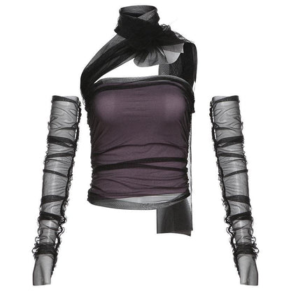Halter off shoulder gloves mesh top