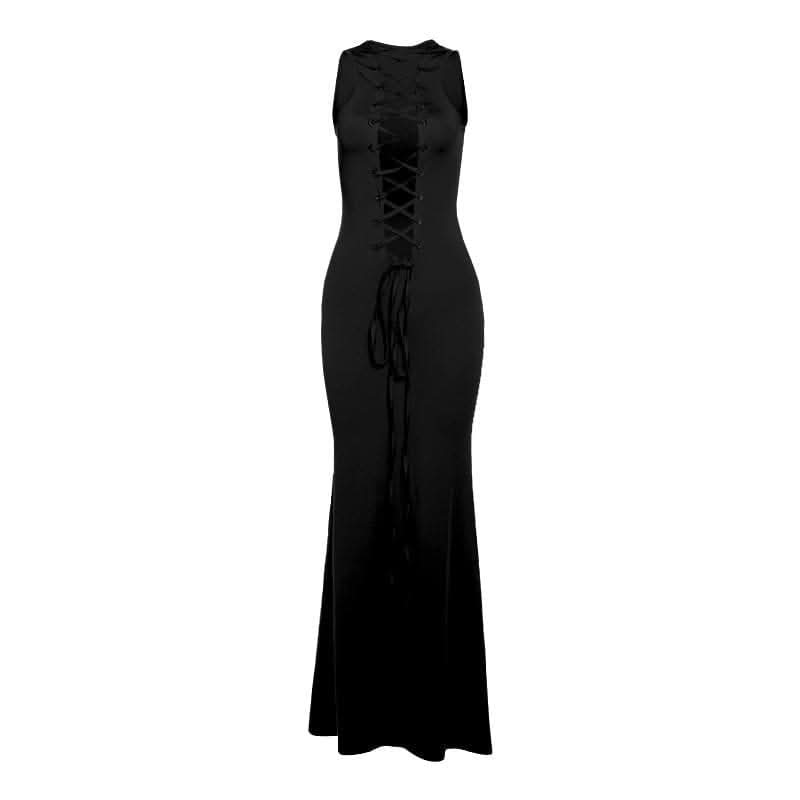 Deep v neck lace up solid tank maxi dress-final-sale