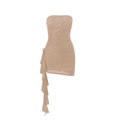 Ruched ruffle irregular backless tube mini dress