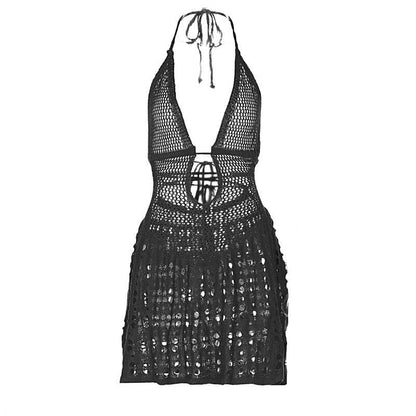 Halter knitted deep V neck see through mini dress