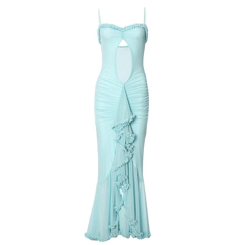 Ruffle ruched lace hem hollow out cami cut out maxi dress