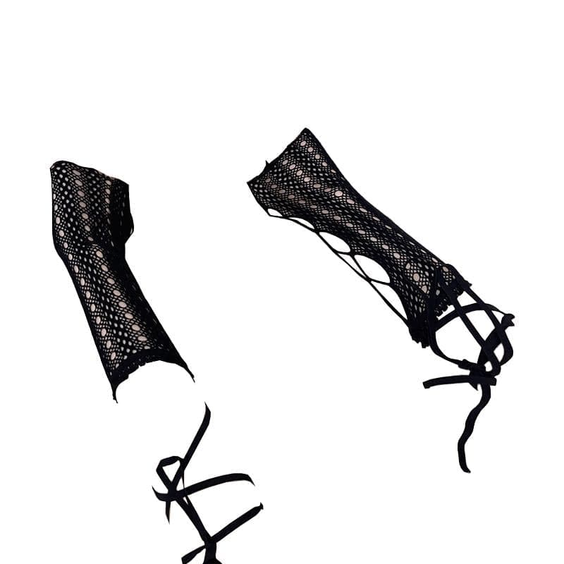 Hollow out solid self tie gloves