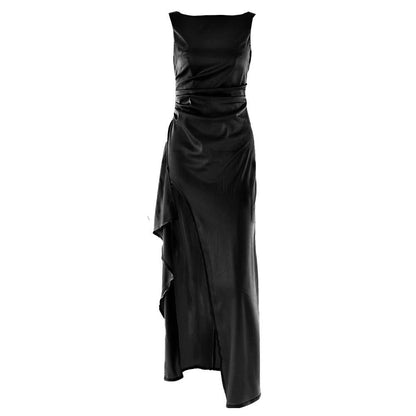 Ruched high slit satin round neck backless maxi dress