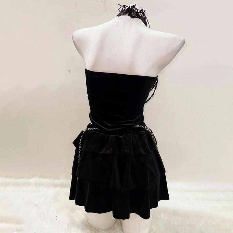 Lace hem halter u neck cross applique shrug mini skirt set