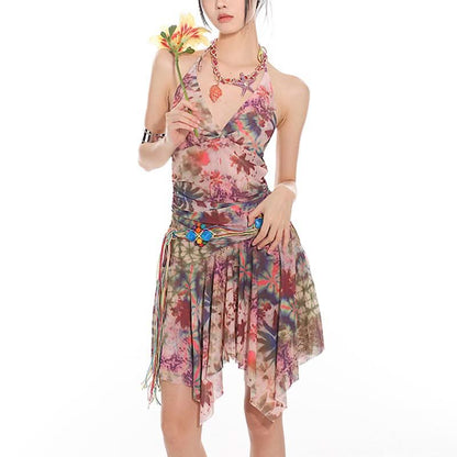 Halter self tie ruched print mesh v neck mini dress