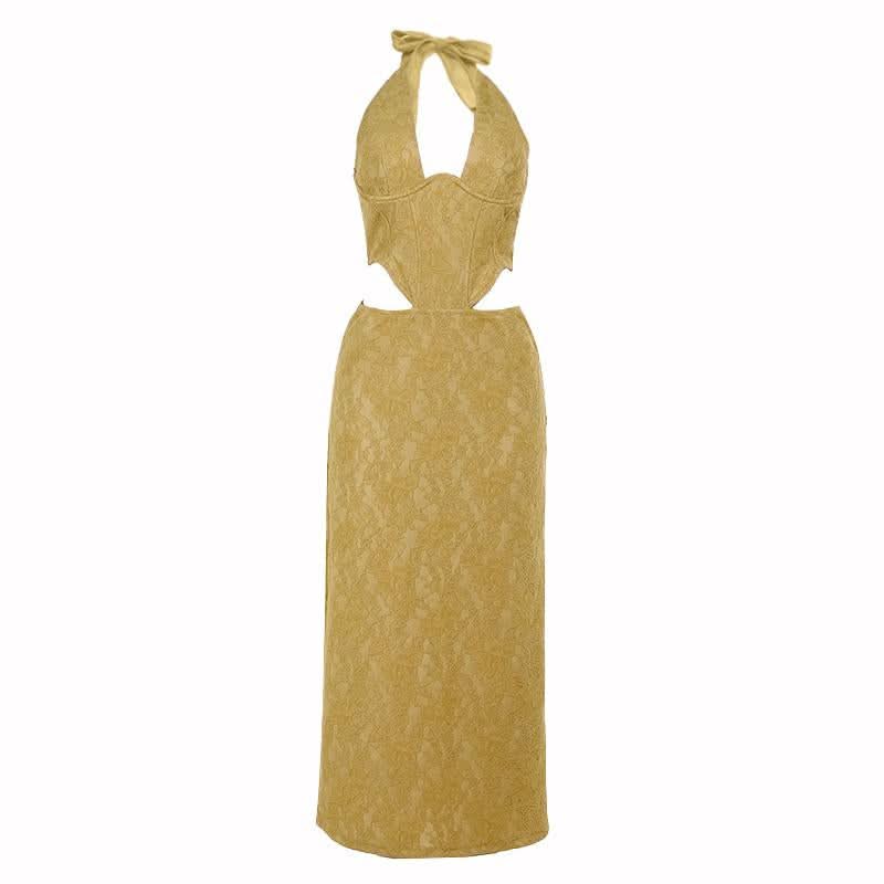 Halter self tie hollow out slit zip-up lace cut out maxi dress