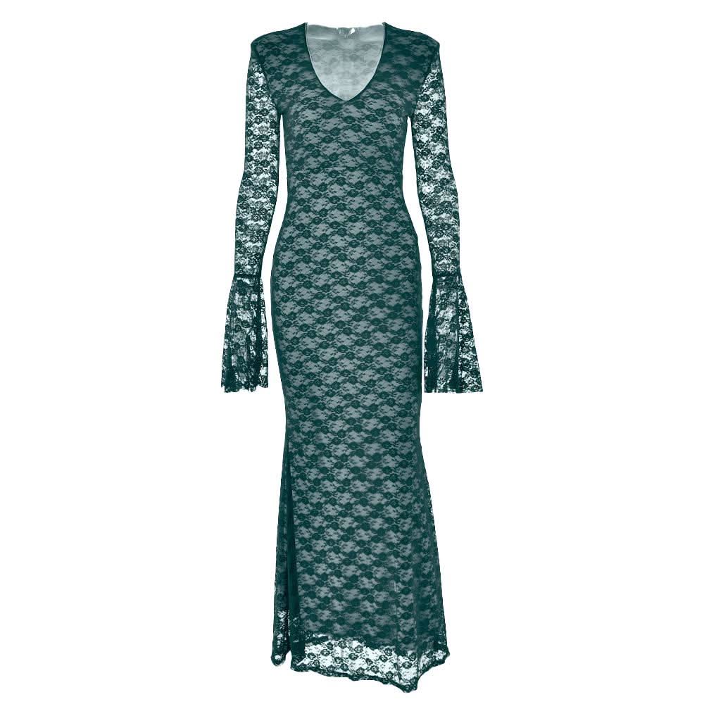 Long flared sleeve lace v neck patchwork maxi dress