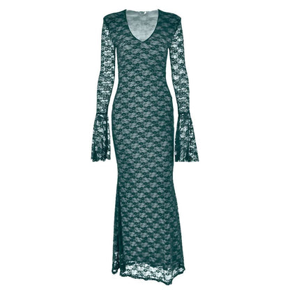 Long flared sleeve lace v neck patchwork maxi dress