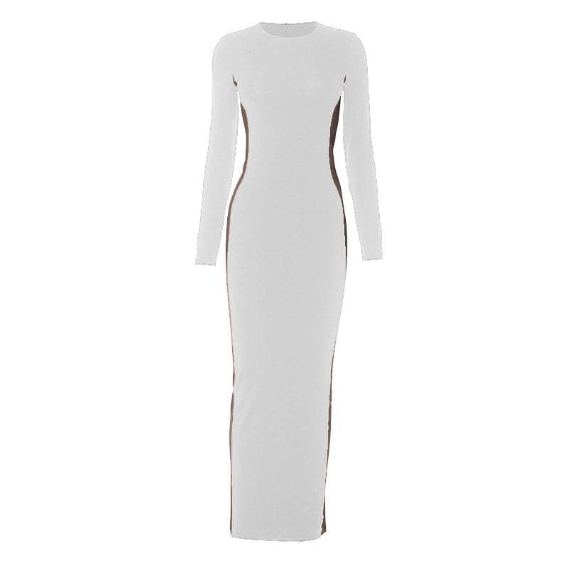 Contrast Side Panel Crew Neck Long Sleeve Bodycon Maxi Dress