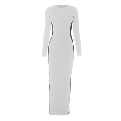 Contrast Side Panel Crew Neck Long Sleeve Bodycon Maxi Dress