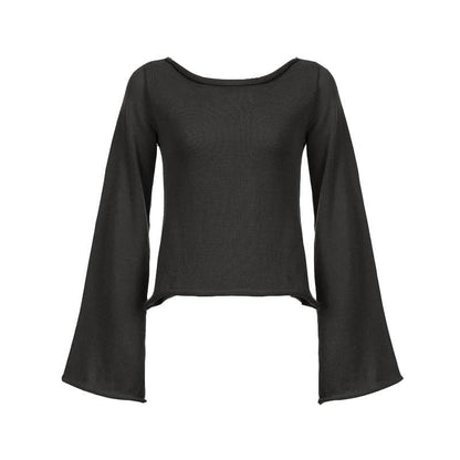 Knitted flared sleeve solid self tie backless top