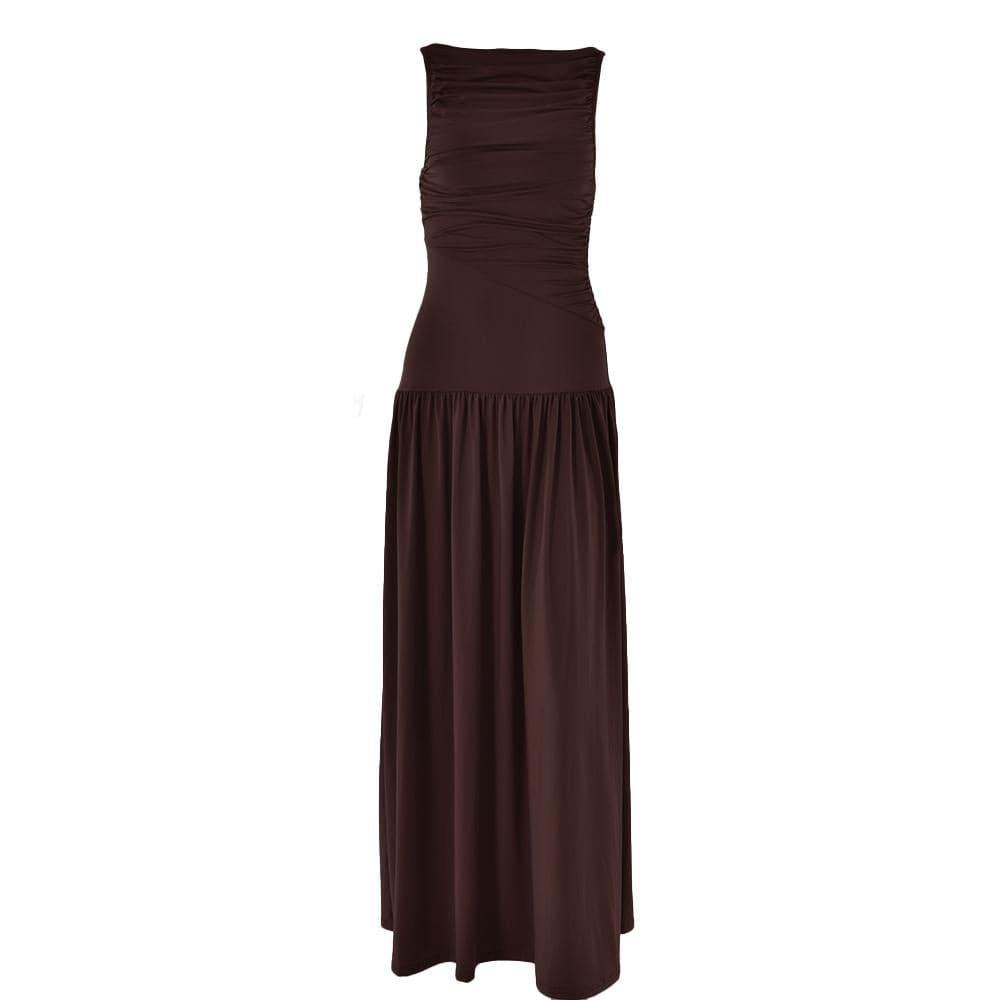 Ruched solid crewneck sleeveless maxi dress
