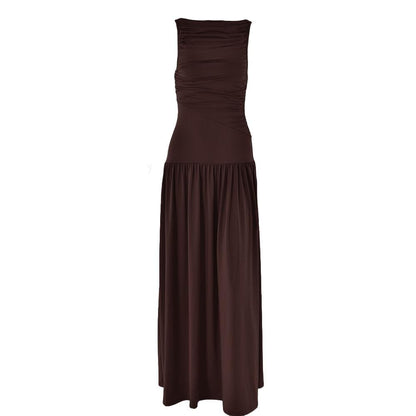 Ruched solid crewneck sleeveless maxi dress