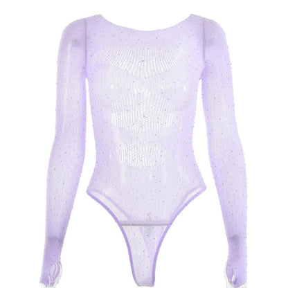 Fishnet solid beaded long sleeve gloves round neck bodysuit