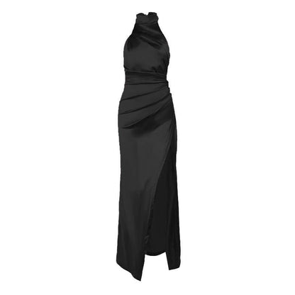 Ruched solid satin zip-up halter backless slit maxi dress