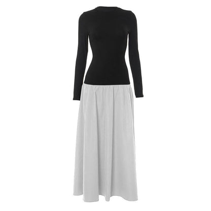 Long sleeve crewneck patchwork ruched maxi dress