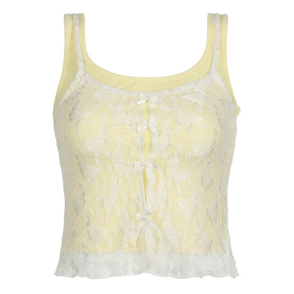Lace bowknot hollow out u neck 2 piece tank cut out top
