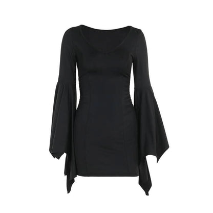 Ruched long flared sleeve v neck solid mini dress