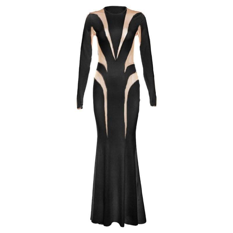 Crewneck long sleeve mesh patchwork maxi dress-final-sale