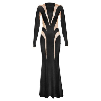 Crewneck long sleeve mesh patchwork maxi dress-final-sale