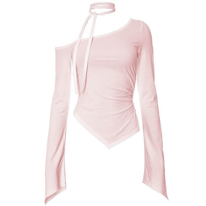 Long flared sleeve off shoulder ruched irregular top