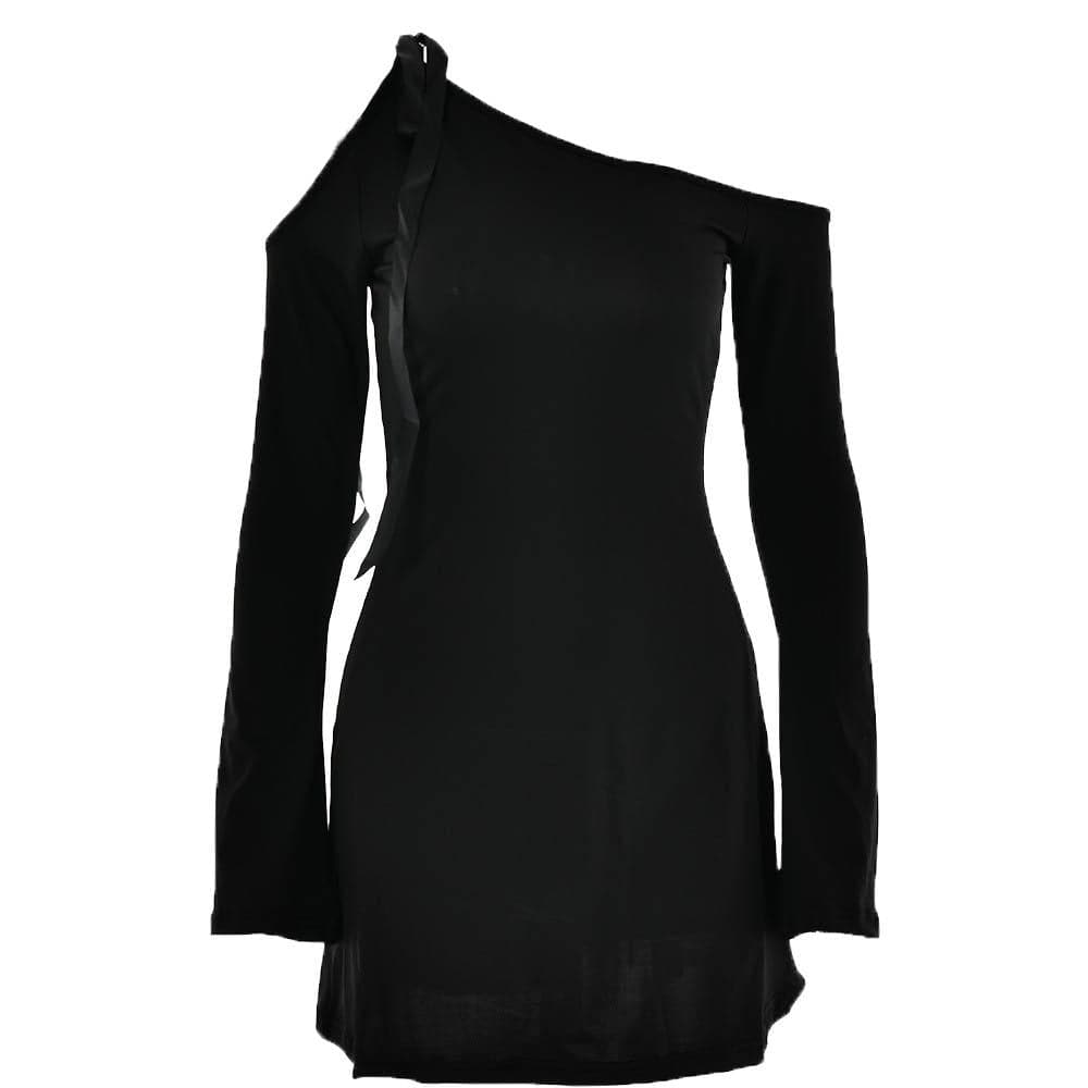 Self tie irregular one shoulder long sleeve solid mini dress
