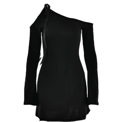 Self tie irregular one shoulder long sleeve solid mini dress