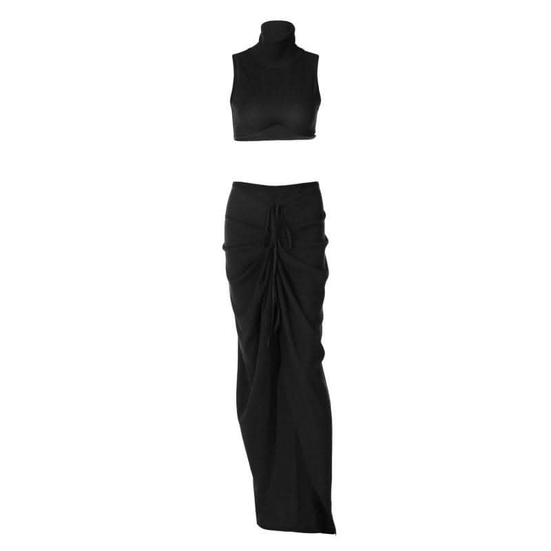 Slit textured sleeveless high neck ruched solid maxi skirt set-final-sale