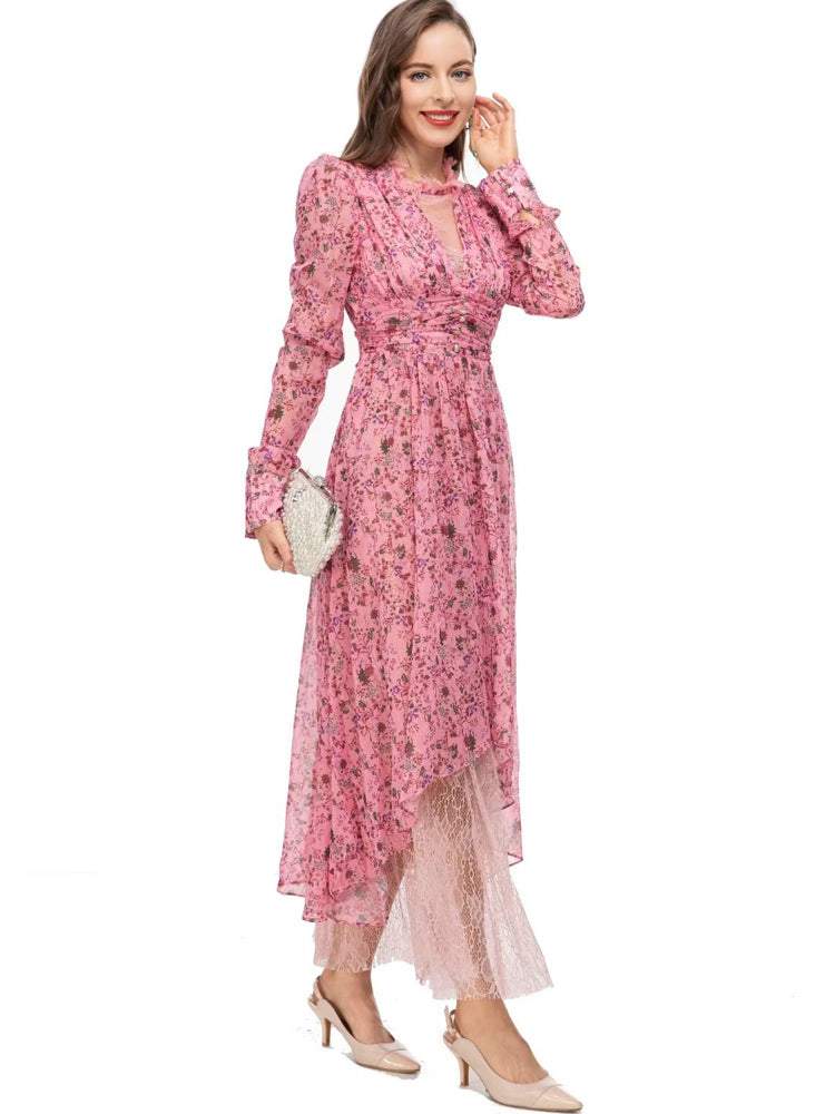 Floral Long Round Collar Lace Waist Midi Dress