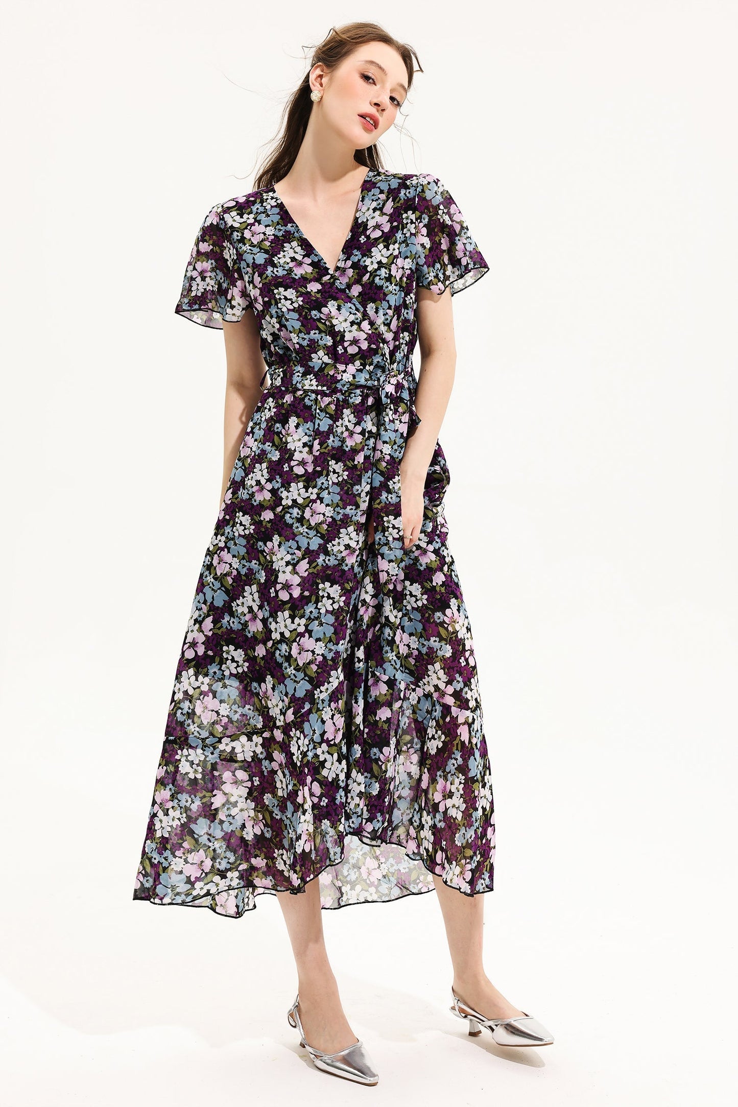 Floral V-Neck Short Sleeve Midi Dress Yellow