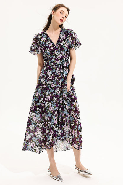 Floral V-Neck Short Sleeve Midi Dress Yellow