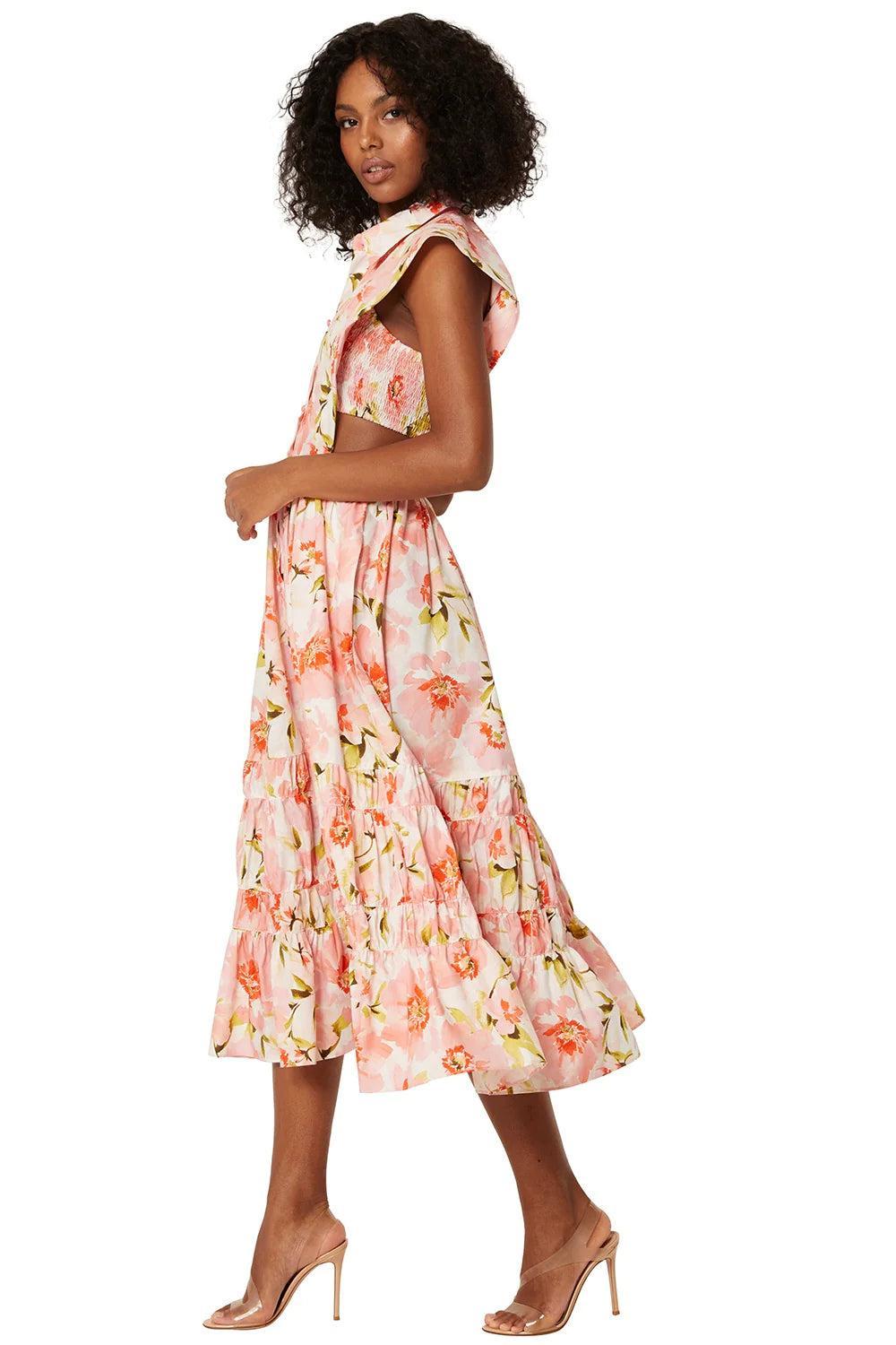 Floral Lapel Collar Buckle Smocked Elastic Midi Dress