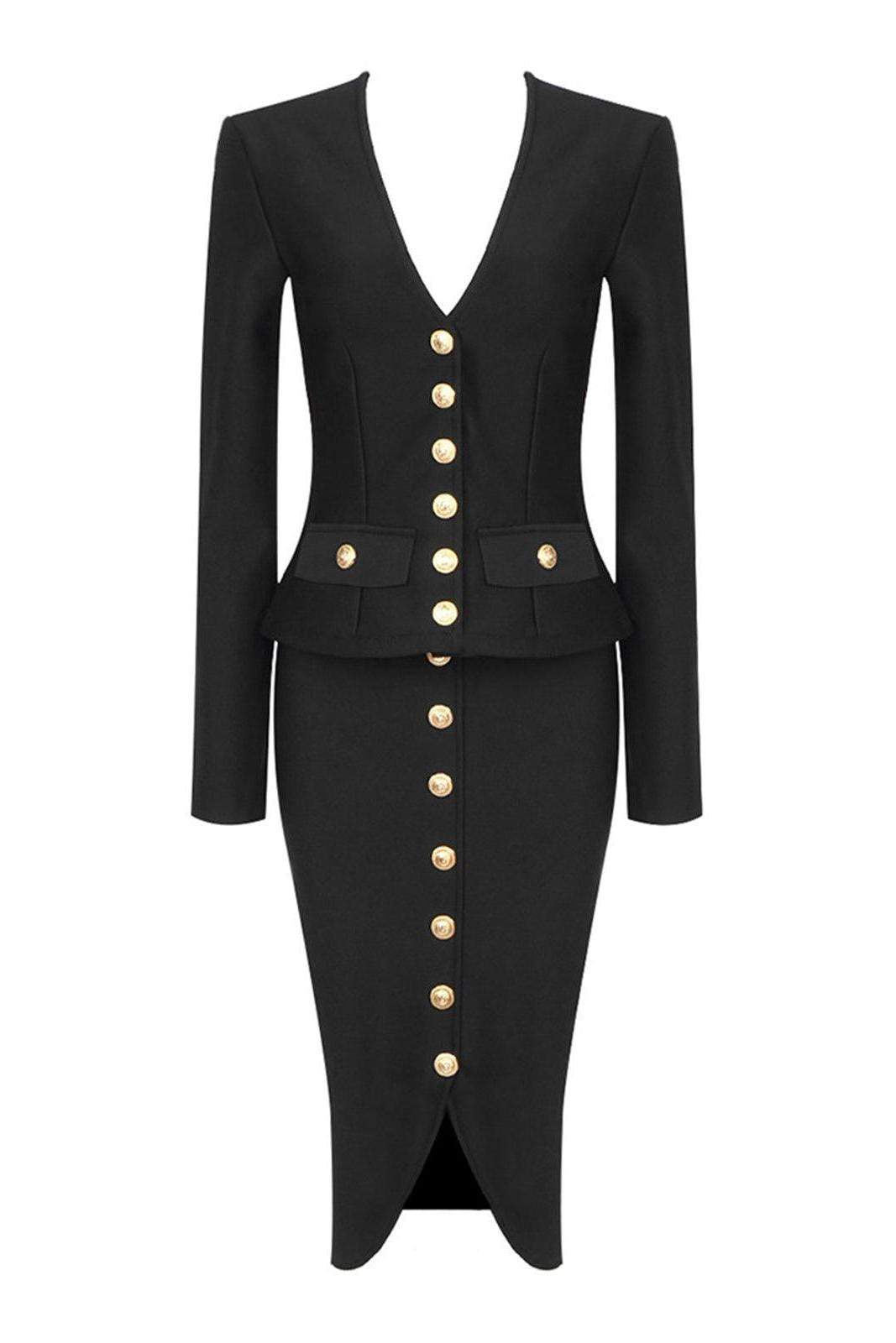 V-Neck Long Sleeve Single Breasted Blazer & Mid Waist Midi Skirt Set